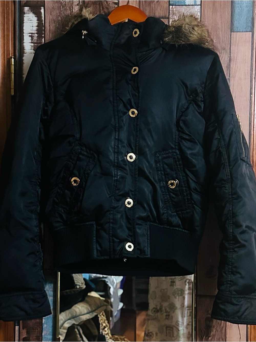 Guess Black Women's Puffer Jacket with Faux Fur Hood